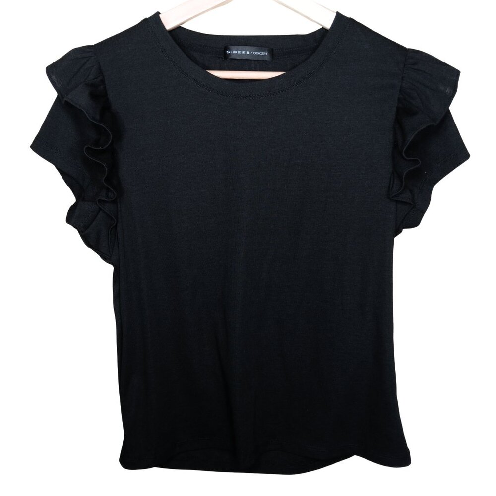 Black Cotton Top Large Ryon Blend Ruffle Short Sleeves Crew Neck